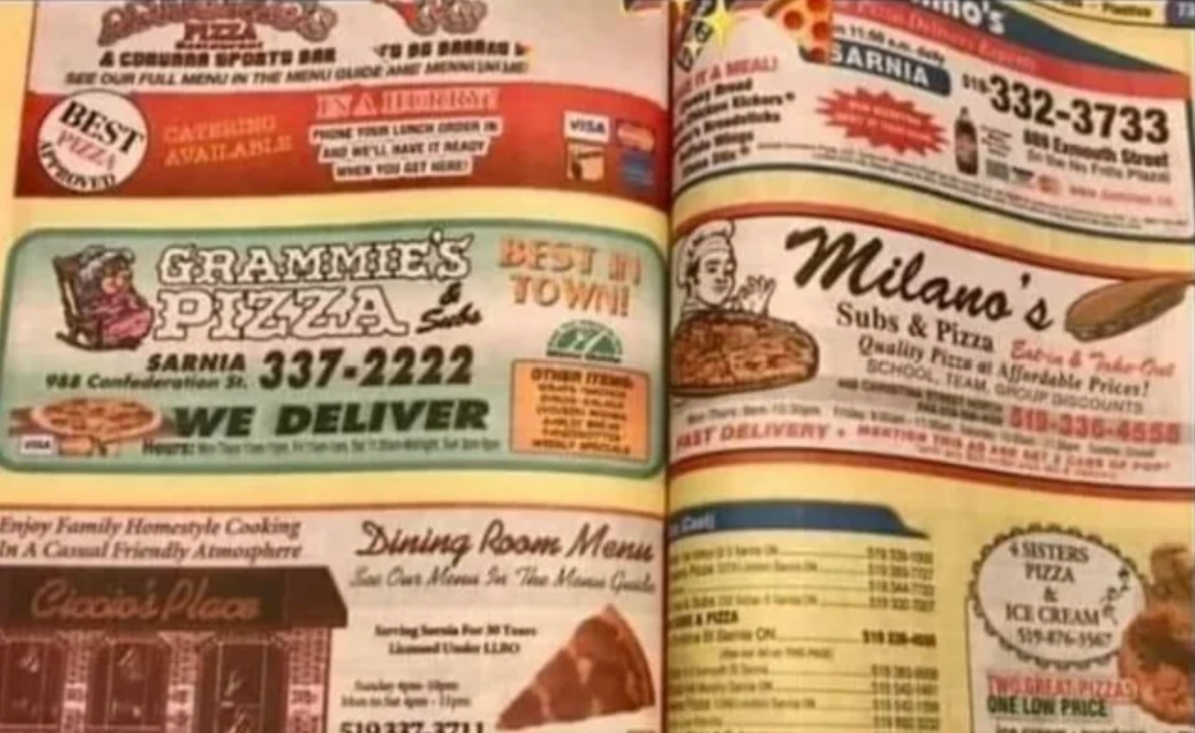 Photo of an open phone book showing yellow pages for pizza restaurants offering delivery.